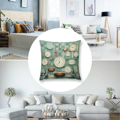 Vista 5 de Pots and Pans, Kitchen Clock and Cooking Art Velvet Square Decorative Throw Pillow Covers 12 "x12 Throw Pillow Covers for Outdoor Home Decor