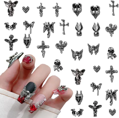 Vista 8 de Dijes de araña 3D para uñas de araña, dijes de araña plateada para uñas, incrustaciones de gemas rojas y rosas, punk, retro, diamantes de imitación