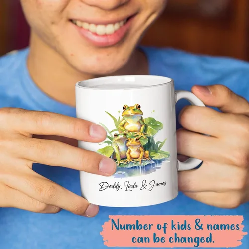 Vista 2 de Tazas de la familia de ranas, taza personalizada para amantes de los animales, taza de café para papá regalo de niños, taza de cerámica