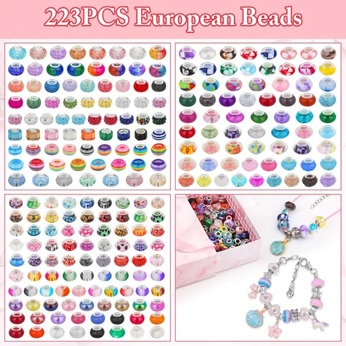 Vista 4 de Cludoo Cuentas de vidrio de agujero grande para hacer joyas, 224 cuentas europeas a granel de colores mezclados con diamantes de imitación, cuentas