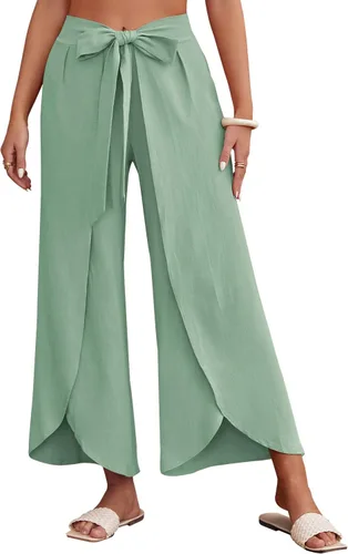 Vista 2 de ReachMe Pantalones casuales estilo palazzo de cintura alta para mujer, pantalones holgados de pierna ancha con lazo frontal dividido