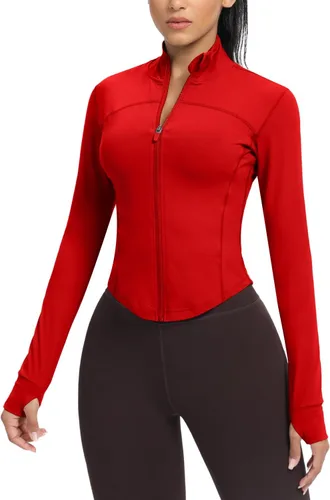 Vista 86 de AVGO Chaquetas de entrenamiento recortadas para mujer, con cremallera, ajustadas, atléticas, con agujeros para el pulgar