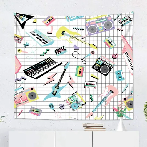 Vista 2 de Suklly Tapiz para colgar en la pared, música retro de los años 80 y 90, instrumentos musicales y reproductores de cassette, decoración del hogar
