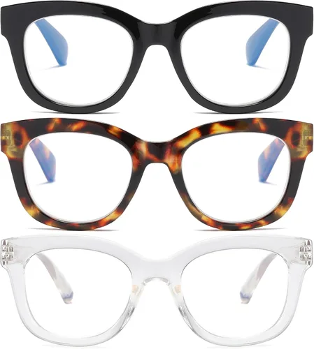 Vista 9 de Oversized Reading Glasses for Women,3 Pack Blue Light Blocking Computer Spring hinge Readers