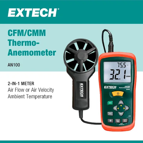 Vista 2 de Extech AN100 CFM/CMM Mini termoanemómetro, flujo de aire y velocidad Air flow CFM/CMM, air velocity, ambient temp, 20-point average, stored area
