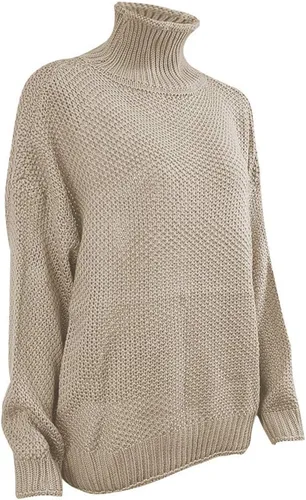 Vista 3 de Suéter de punto largo de cuello alto para mujer, manga murciélago, suéter largo de punto