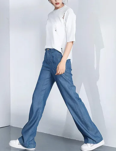 Vista 3 de D.B.M Pantalones rectos de mezclilla de cintura alta y pierna ancha para mujer