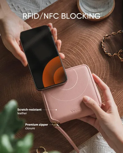 Vista 5 de Cartera de piel para mujer, con bloqueo RFID, plegable, delgada, para tarjetas de crédito, con bolsillo con cremallera, Rosado, Classic