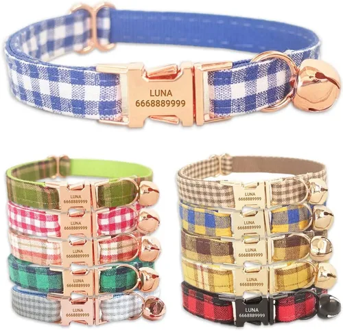 Vista 11 de PETDURO Collares de gato a cuadros personalizados hechos a mano con campana y hebilla de metal grabada con nombre personalizado para gatos lindos
