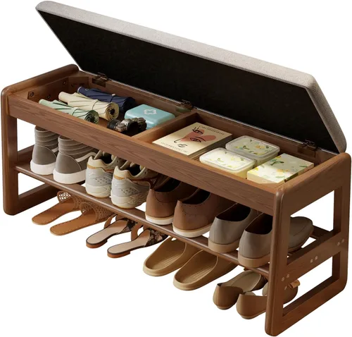 Vista 10 de AQIMUELE Banco pequeño para zapatos, banco de zapatos de 2 niveles con almacenamiento con tapa abatible, zapatero de madera para entrada, pasillo