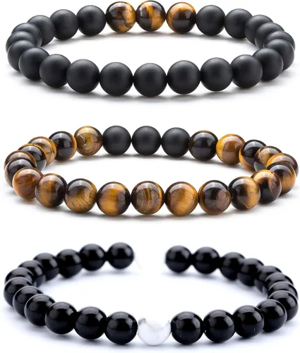 Vista 20 de Pulsera elástica Hamoery con cuentas naturales de ojo de tigre de 8 mm, para mujer y hombre Juego de 2 piezas 1-21018