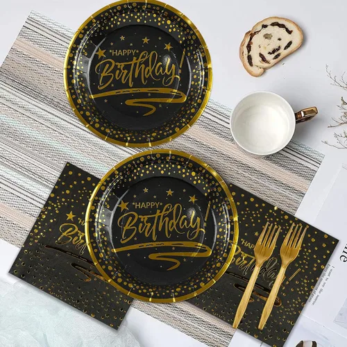Vista 6 de 72 PIEZAS Platos y Servilletas de Feliz Cumpleaños Suministros para Fiestas, Platos y Servilletas de Papel con Puntos Negros y Dorados con Tenedores