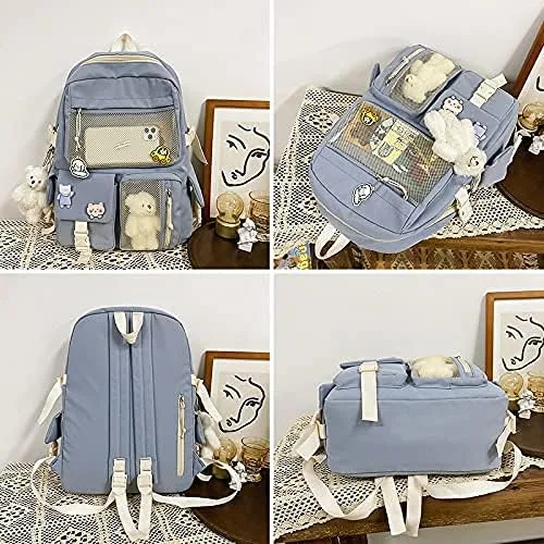 Vista 7 de Mochila kawaii con pin kawaii y accesorios, bonita mochila kawaii para mochila escolar, mochila kawaii para niña linda, Ivory, L, Suave