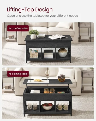 Vista 4 de VASAGLE Mesa de Centro con Tapa Elevable, Mesa de Café Elevable con Estante de Almacenamiento, Compartimentos Ocultos y Tapa Elevable, para Sala