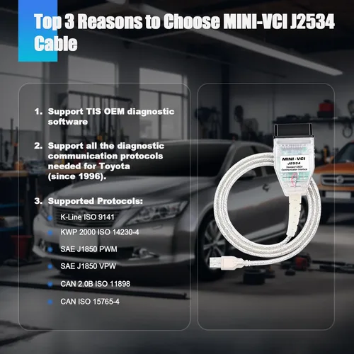 Vista 2 de Cable MINI VCI J2534 para vehículos Toyota Lexus Scion, OBD2 a USB J2534 herramienta de diagnóstico y reprogramación funciona con TIS Techstream