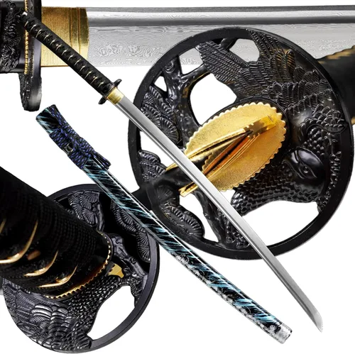 Vista 16 de Katana，Hand-Forged Katana Sword，Razor-Sharp 1095 & T10 Damascus Steel Blade, Full-Tang Structure for Martial Arts Practice, Collector's Display