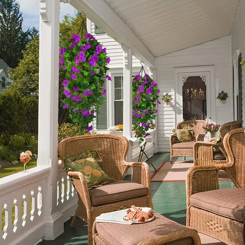 Vista 2 de Cesta de flores artificiales colgantes para decoración de primavera al aire Morado