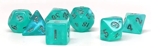 Vista 2 de Mini colección de dados poliédricos de 0.394 pulgadas - Incluye un D20, D12, D10, D8, D6, D4 y D00 (Aqua Shine)