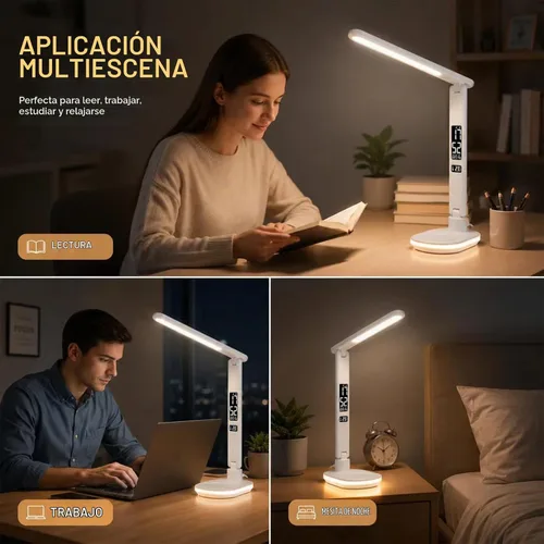Vista 7 de Lámpara de escritorio LED con cargador inalámbrico, reloj, lámpara de mesa