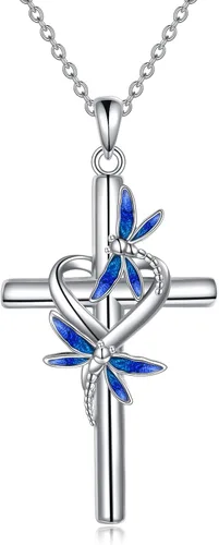 Vista 9 de CRMAD Collar de colibrí/mariquita/libélula para mujer, collar de plata de ley con cruz de colibrí, margarita, regalo