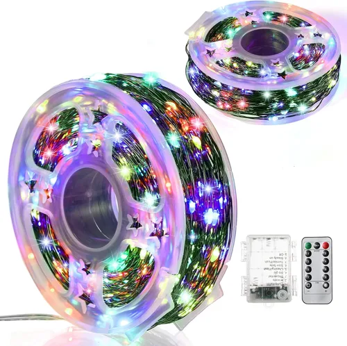 Vista 10 de Remagr 4 paquetes de luces de hadas navideñas de cadena, luces LED de alambre verde impermeables, funciona con pilas, con control remoto, 8 modos