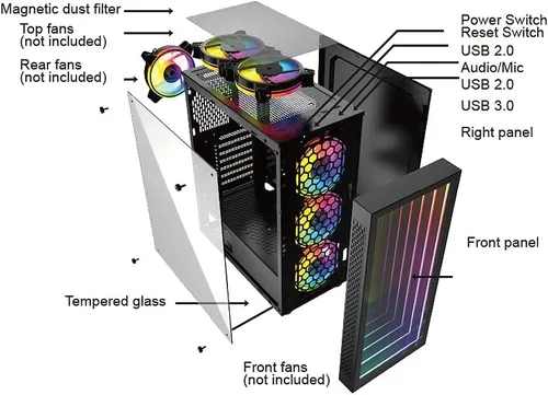 Vista 4 de Bgears b-Optillusion (ventiladores no incluidos) Funda ATX para juegos para PC, panel frontal ARGB con ilusión óptica especial, lado de vidrio