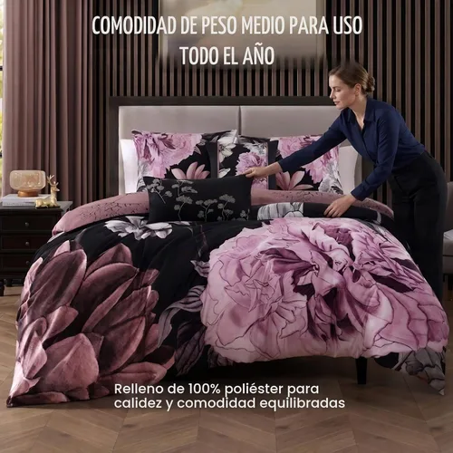 Vista 4 de Bebejan Midnight Meadow - Juego de edredón de 5 piezas, 100% satén de algodón, 220 hilos por pulgada, juego de edredón reversible negro, 1 edredón