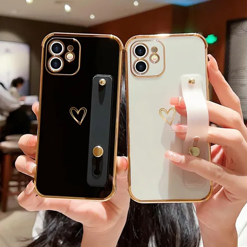 Vista 7 de LLZ.COQUE Funda compatible con iPhone 12 para mujeres y niñas, parachoques chapado de lujo con bonito diseño de corazón de amor, soporte de correa