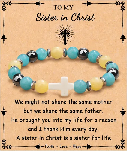 Vista 20 de JoycuFF Regalos Cristianos, Pulseras de Cruz para Mujeres, Joyería Cristiana Católica Religiosa de Fe de Pascua, Pulseras de Piedra Natural
