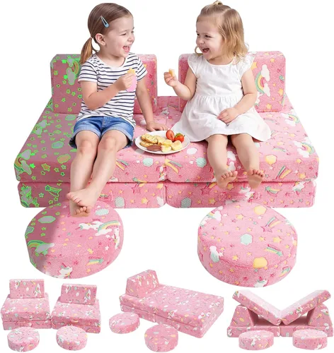 Vista 25 de Sofá modular para niños MeMoreCool – Sofá de dinosaurio de 8 piezas que brilla en la oscuridad para niños pequeños convertible en fuerte constructor