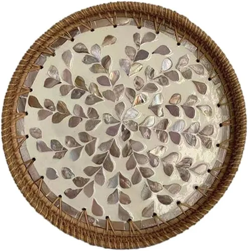Vista 11 de Bandeja redonda de ratán con incrustaciones de madreperla, bandeja decorativa tejida a mano con base de madera,Cestas decorativas de mimbre bandeja