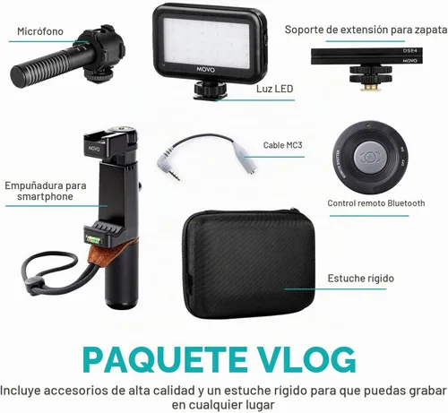 Vista 3 de Movo Vlog Kit V7 - Kit de inicio de YouTube con agarre, micrófono estéreo, luz e inalámbrico Kit de vlogging remoto para iPhone, Android - Kit