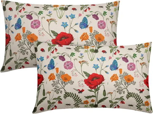 Vista 26 de Juego de 2 fundas de almohada de primavera de 16 x 16 pulgadas, diseño de conejo, flores rosas, hojas verdes salvia, plantas botánicas vintage