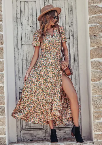 Vista 4 de PRETTYGARDEN - Vestido largo de verano cruzado para mujer, con cuello en V, estilo bohemio, floral, manga corta, dobladillo con volantes