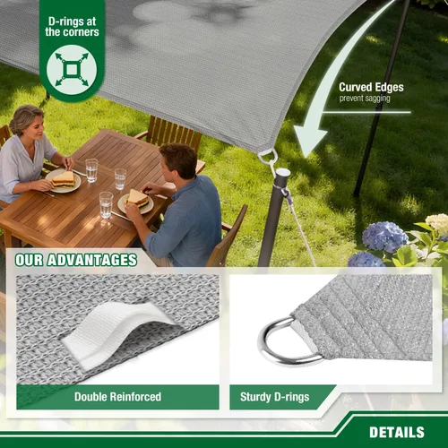 Vista 3 de Toldo tipo vela rectangular de 10 x 15 pies, toldo para exteriores, cubierta de bloqueo UV, borde curvado con anillos en D, tela permeable