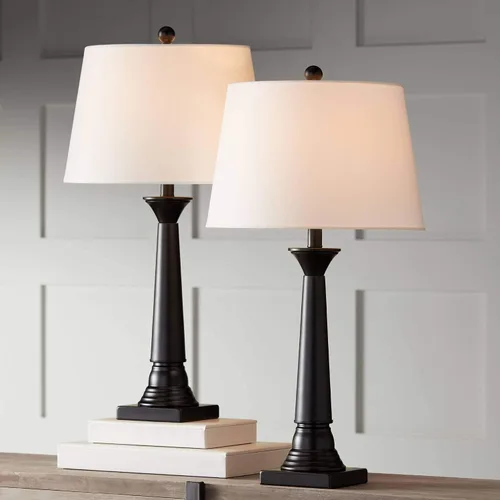 Vista 2 de 360 Lighting Dolbey - Juego de 2 lámparas de mesa rústicas de granja de 28 pulgadas de alto, columna cónica de bronce profundo, pantalla de tambor