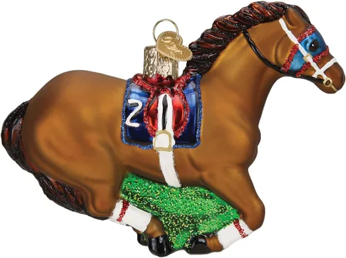 Vista 2 de Old World Christmas Adorno de cristal soplado de caballo de carreras para árbol de Navidad, decoración navideña artesanal, colección de caballos
