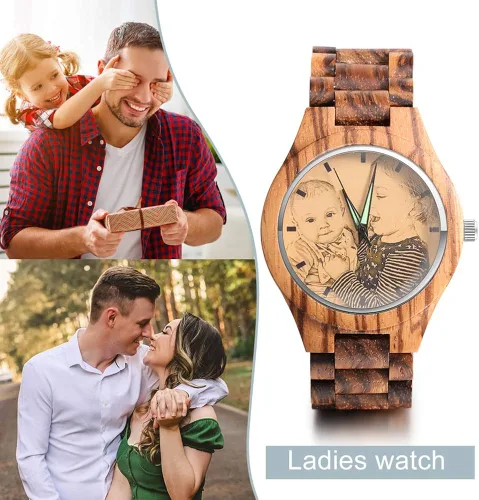 Vista 5 de Relojes de madera para hombres y mujeres personalizados relojes de fotos con pulsera ajustable para cumpleaños aniversario regalos personalizados