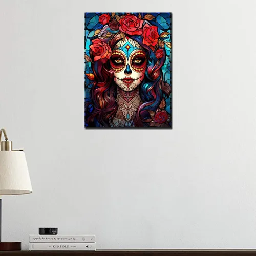 Vista 2 de Pintura de diamantes de calavera de azúcar 5D, kit de numeración, arte del día de la muerte, arte de pared de rosa roja, arte de pared con diamantes