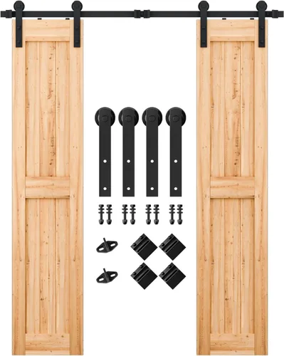 Vista 12 de SMARTSTANDARD Kit de herrajes para puerta corrediza de granero de doble puerta resistente de 5 pies, suave y silencioso, fácil de instalar, incluye