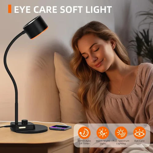 Vista 3 de LiFMIRA Lámpara de Escritorio, Lámpara de Escritorio LED con Puertos de Carga USB C + A, Lámpara de Lectura de Cuidado Visual Completamente