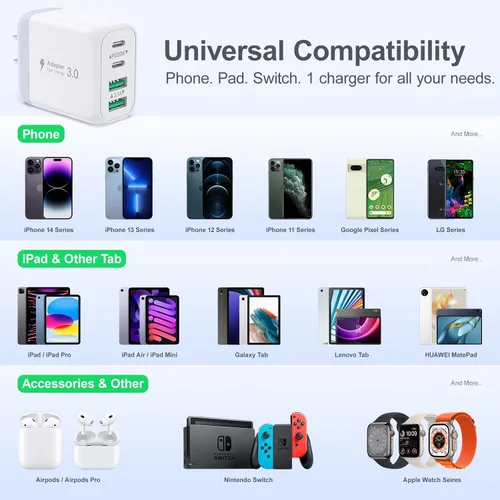 Vista 7 de Cargador de pared USB C, bloque de cargador USB C de 40 W, 4 puertos, bloque de carga rápida, adaptador de alimentación PD+QC tipo C para iPhone