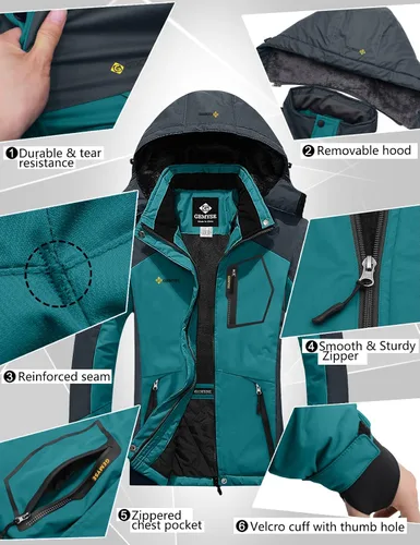 Vista 6 de GEMYSE Chaqueta impermeable de esquí para mujer, chaqueta de invierno con capucha, resistente al viento, para mujer