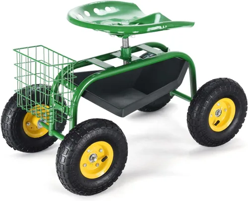 Vista 4 de Giantex Asiento de trabajo de jardín rodante, asiento de trabajo de jardinería giratorio 360 con ruedas, cesta de herramientas, altura ajustable