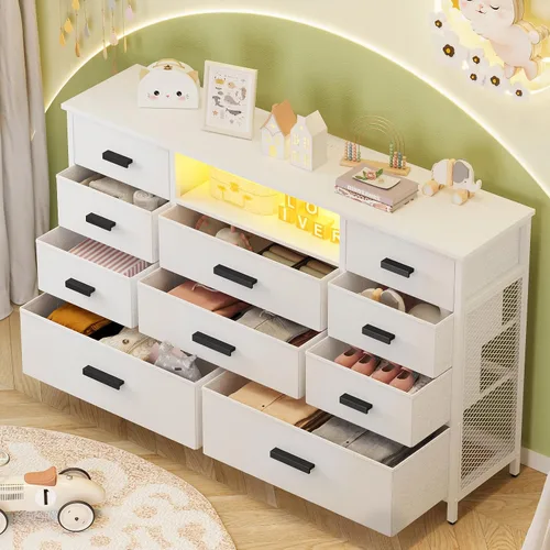 Vista 6 de Cómoda con estación de carga, cómoda blanca para dormitorio con 10 cajones, soporte para TV con almacenamiento y luz LED para TV de 55", de tela