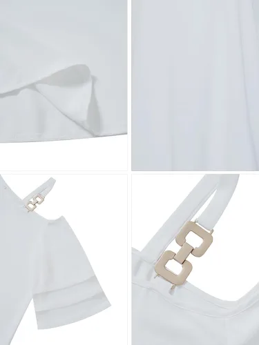 Vista 4 de MODECRUSH 2023 - Blusa de gasa de verano con un hombro para mujer, manga corta de 34, asimétrica, holgada, casual
