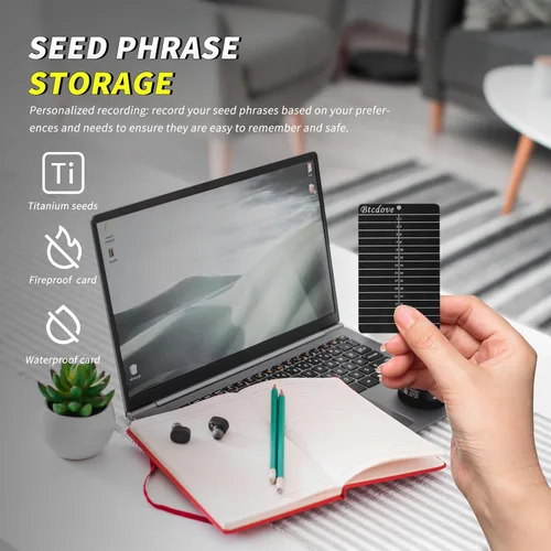 Vista 7 de Titanio Crypto Seed Phrase Card, Heavy Duty Seed Phrase Storage Wallet, Negro -, 4 unidades. y pluma de grabado eléctrica