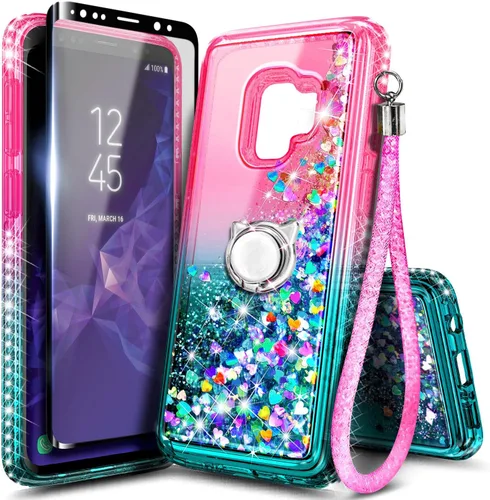 Vista 20 de NGB - Funda para teléfono Samsung Galaxy S9, color aguamarina/morado, bonita funda con purpurina líquida para mujeres y niñas, con protector