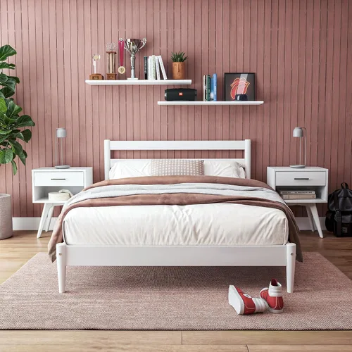 Vista 11 de Camaflexi Mid-Century - Cama de plataforma moderna, madera maciza, cabecera de listones, base de colchón de 10 listones de madera, no necesita Negro