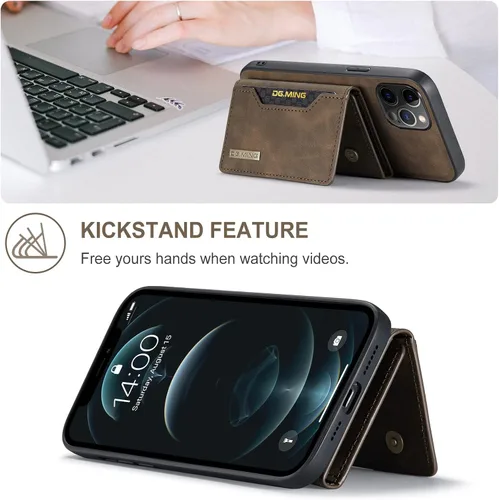 Vista 6 de Funda trasera desmontable 2 en 1 compatible con iPhone 12 Pro Max, funda tipo cartera con tarjetero y bolsillo de cuero, fundas delgadas para Café